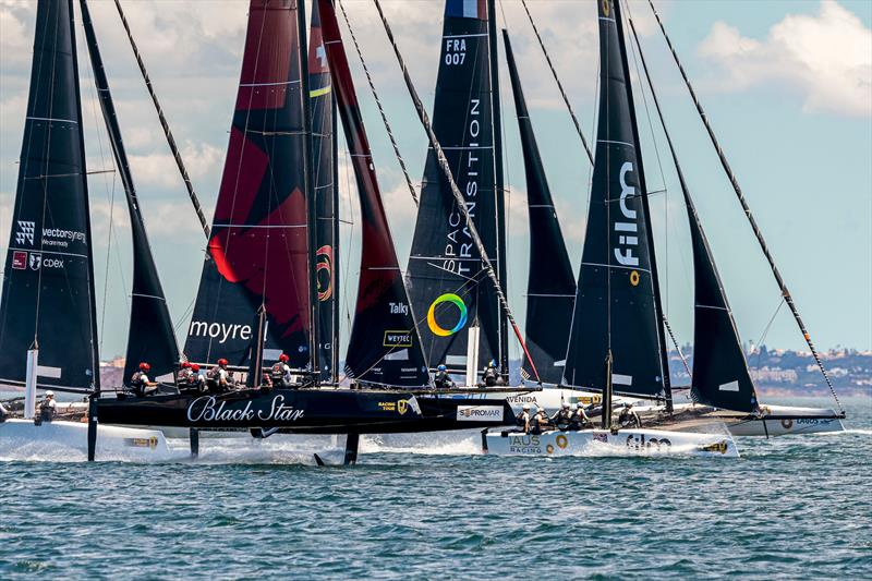Black Star Sailing Team jockeys with Zoulou and .film AUS Racing out of the start on day 3 of the GC32 Racing Tour Lagos Cup photo copyright Sailing Energy / GC32 Racing Tour taken at Clube de Vela de Lagos and featuring the GC32 class