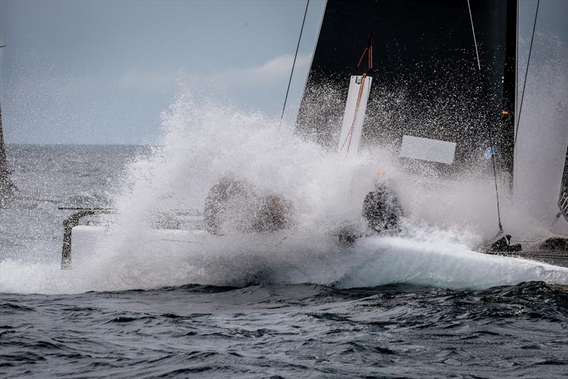 Touch down on board HRM Racing on day 1 of Lagos GC32 Worlds - photo © Sailing Energy / GC32 Racing Tour