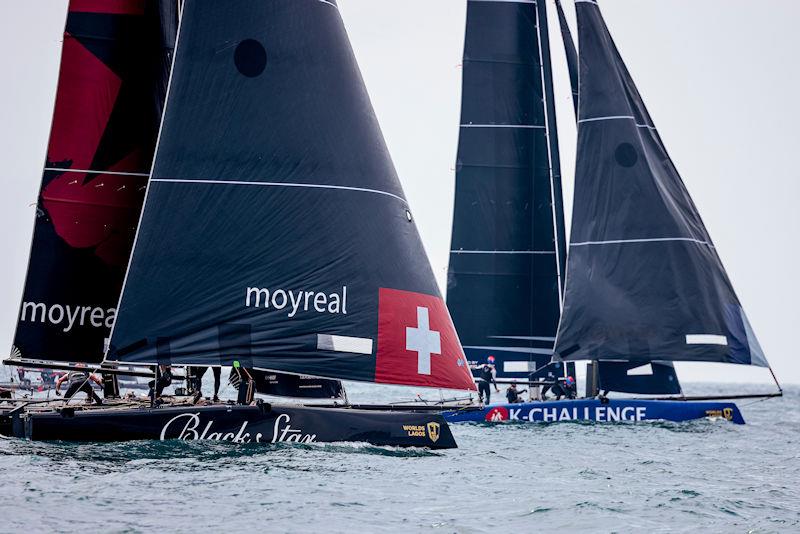 The prize fight at this GC32 World Championship: K-Challenge Team France v Black Star at the Lagos GC32 Worlds photo copyright Sailing Energy / GC32 Racing Tour taken at Clube de Vela de Lagos and featuring the GC32 class