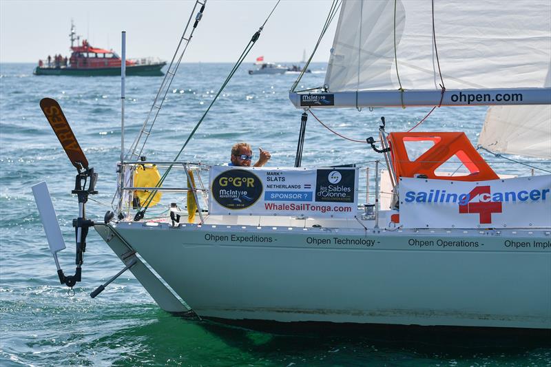 Mark Slats (NED) gives the thumbs up from his Rustler 36 Ophen Maverick at the start of the 2018 Golden Globe Race photo copyright Christophe Favreau taken at  and featuring the Golden Globe Race class