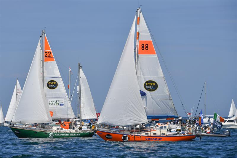 Gregor McGuckin (IRE) on his Biscay 36 ketch Hanley Energy Endurance, leads Mark Sinclair (AUS) in his Lello 35 Coconut at the start of the 2018 Golden Globe Race - photo © Christophe Favreau