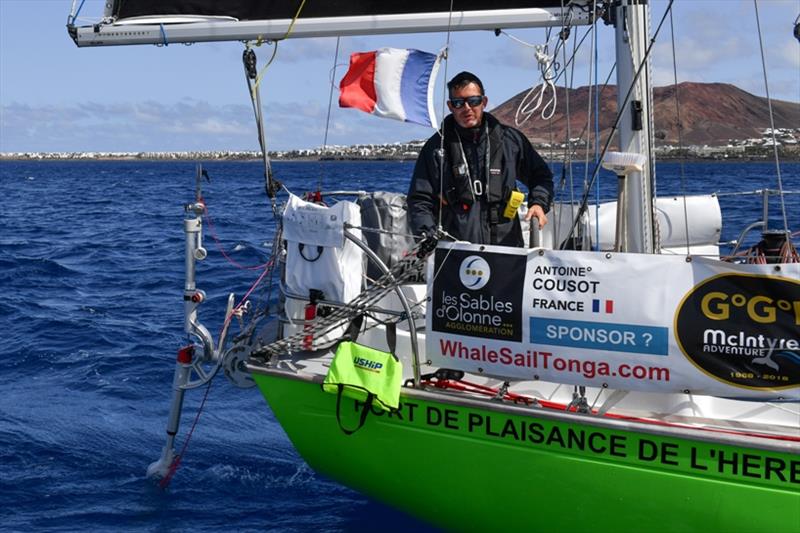 Antoine Cousot arriving in Marina Rubicon to effect repairs to his wind vane self steering. He is the first to be relegated to the Chichester Class photo copyright Christophe Favreau / PPL / GGR taken at  and featuring the Golden Globe Race class