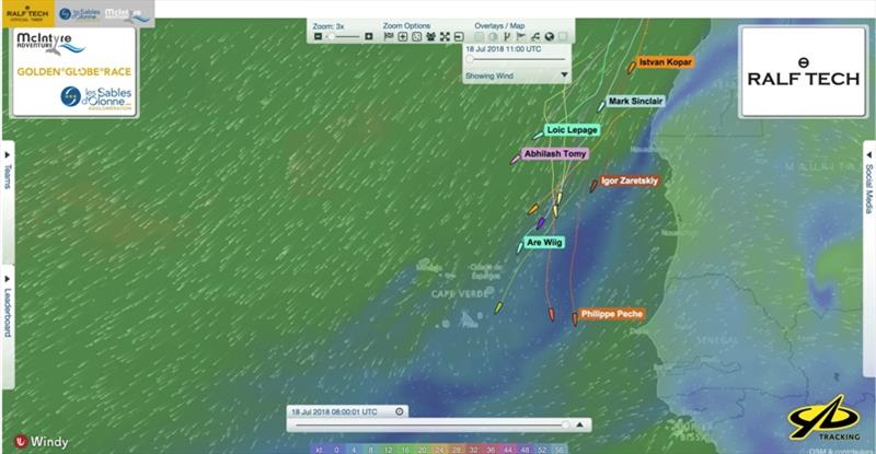 Philippe Péché, Jean-Luc Van Den Heede and Mark Slats share the same latitude as they search for the best longitude to break through the Doldrums. For latest update go to goldengloberace.com/livetracker/ photo copyright Event Media taken at  and featuring the Golden Globe Race class