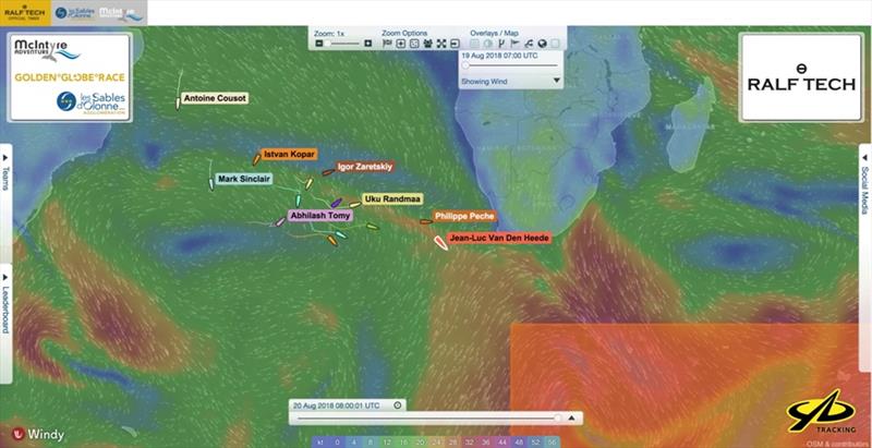 Postions at 08:00 UTC today, showing new exclusion zone and storms raging south of the Cape of Good Hope photo copyright Golden Globe Race taken at  and featuring the Golden Globe Race class