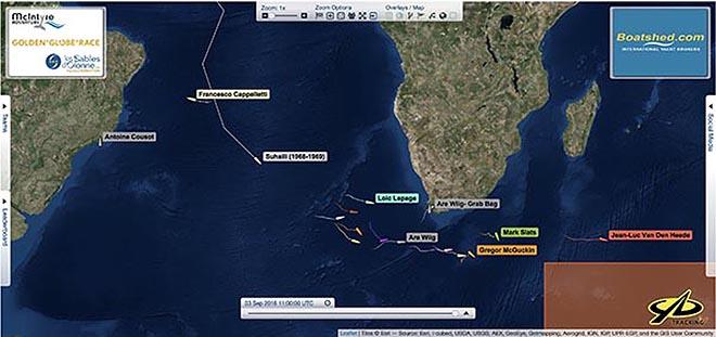 Position of Golden Globe Race fleet at 11:00 UTC today photo copyright Barry Pickthall taken at  and featuring the Golden Globe Race class