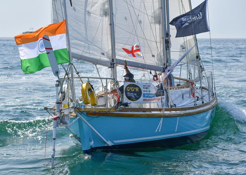 Abhilash Tomy aboard Thuriya, a replica of Sir Robin Knox-Johnston's yacht Suhail, winner of the first GGR 50 years ago. The yacht is now dismasted and her skipper injured some 1,900 miles west of Cape Leeuwin, Western Australia. - photo © Christophe Favreau / PPL / GGR
