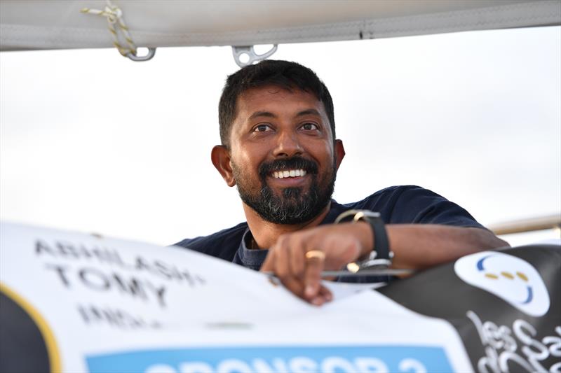  2018 Golden Globe Race - Abhilash Tomy (IND) Suhaili replica Thuriya passing through the Marina Rubicon 'Gate' off Lanzarote in the Canaries photo copyright Christophe Favreau / PPL / GGR taken at  and featuring the Golden Globe Race class