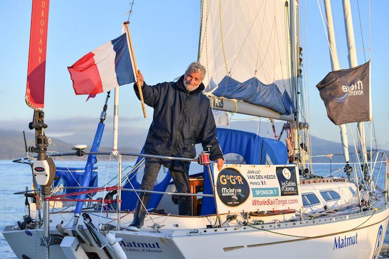 Jean-Luc Van Den Heede is first arrival at the BoatShed.com film gate in Hobart in the Golden Globe Race photo copyright Christophe Favreau / Matmut / PPL taken at  and featuring the Golden Globe Race class