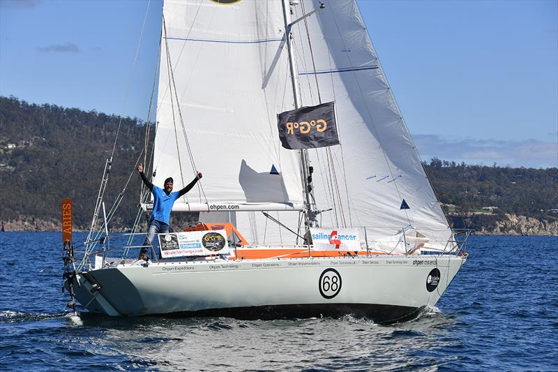 Mark Slats arrival at the Boatshed.com Hobart film gate earlier today photo copyright Christophe Favreau / PPL / GGR taken at  and featuring the Golden Globe Race class