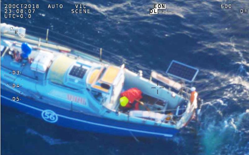 Golden Globe Race: Loic Lepage and his Nicholson 32 LAALAND dismasted in the South Indian Ocean some 675 miles SW of Perth Western Australia. Lepage was rescued by the Japanese bulk carrier Shiosai on 23.10.18 photo copyright RAAF / PPL / GGR taken at  and featuring the Golden Globe Race class