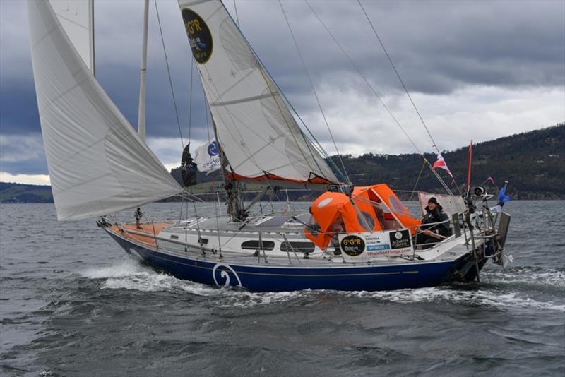 Uku Randmaa and his Rustler 36 One and All - 3rd at the Hobart film gate photo copyright Christophe Favreau / PPL / GGR taken at  and featuring the Golden Globe Race class