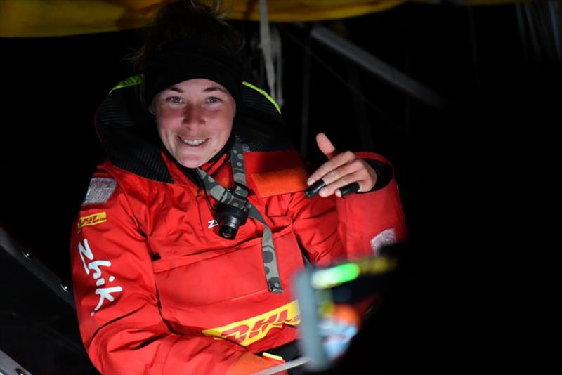 Showing cuts to her hands and fingers  sustained   during  a recent storm, still bandaged with gaffer tape photo copyright Christophe Favreau / PPL / GGR taken at  and featuring the Golden Globe Race class