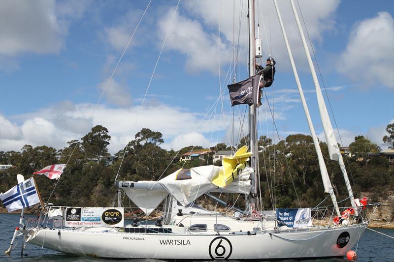 Tapio Lehtinen spent 36 hours anchored at the Hobart Film Gate making running repairs to his boat and rig in the Golden Globe Race - photo © Jessie Martin / PPL / GGR