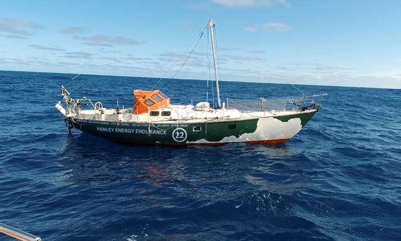 Gregor McGuckin's yacht Hanley Energy Endurance photographed by Mark Sinclair as he sailed passed yacht a month after Gregor was rolled and dismasted in South Indian Ocean. As an incentive to potential salvors, there is a barrel of Irish Whiskey onboard! photo copyright Mark Sinclair / PPL / GGR taken at  and featuring the Golden Globe Race class