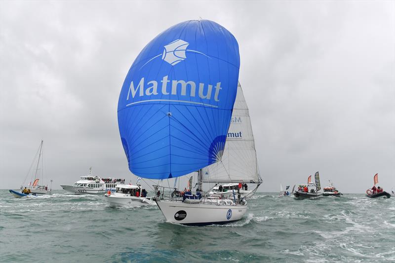 Jean-Luc Van Den Heede and his Rustler 36 yacht MATMUT crossing the finish line at Les Sables d'Olonne to win the 2018 Golden Globe Race - photo © Christophe Favreau / PPL / GGR