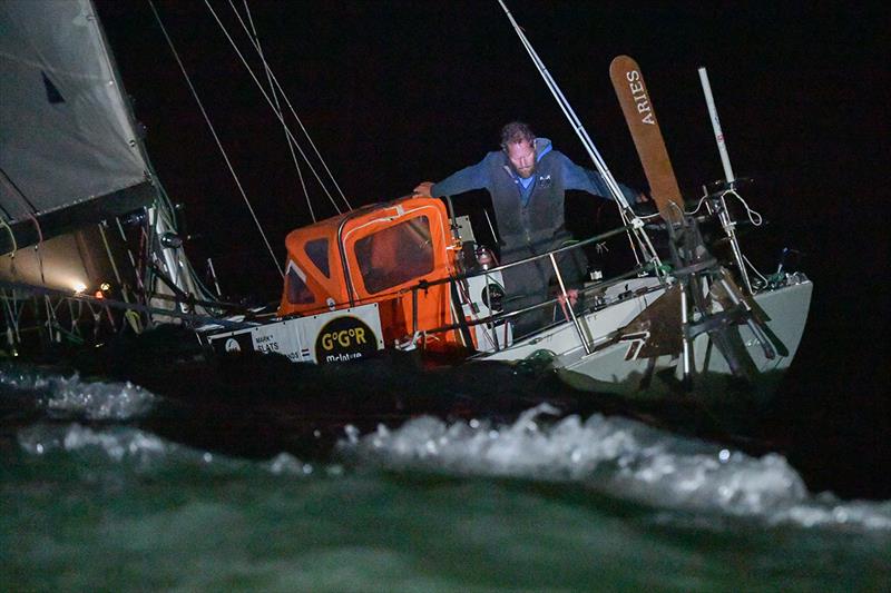 Mark Slats arriving off Les Sables d'Olonne to take 2nd place in the 2018 Golden Globe Race last night photo copyright Christophe Favreau / PPL / GGR taken at  and featuring the Golden Globe Race class