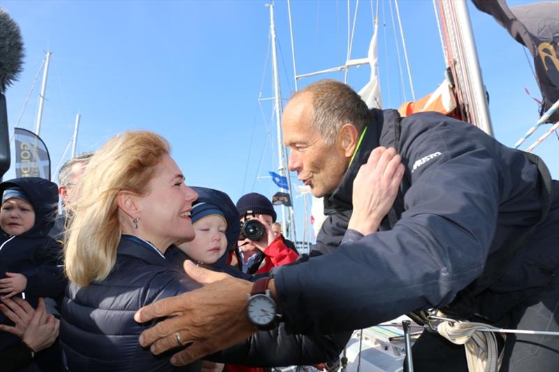 The biggest welcome came from Uku's wife Maibi and their twin sons Thor and Orm - Golden Globe Race, Day 252 photo copyright Jane Zhou / GGR / PPL taken at  and featuring the Golden Globe Race class