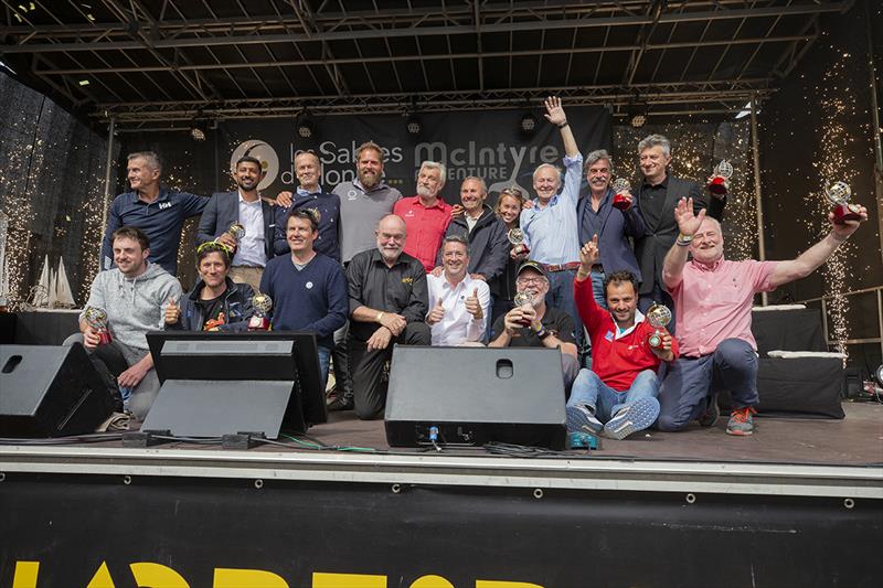 2018-19 Golden Globe skippers pose stage for the awards ceremony at Les Sables D'Olonne, with Mayor Yannick Moureau, and Race Founder Don McIntyre - Golden Globe Race, Day 295 photo copyright Tim Bishop / PPL / GGR taken at  and featuring the Golden Globe Race class