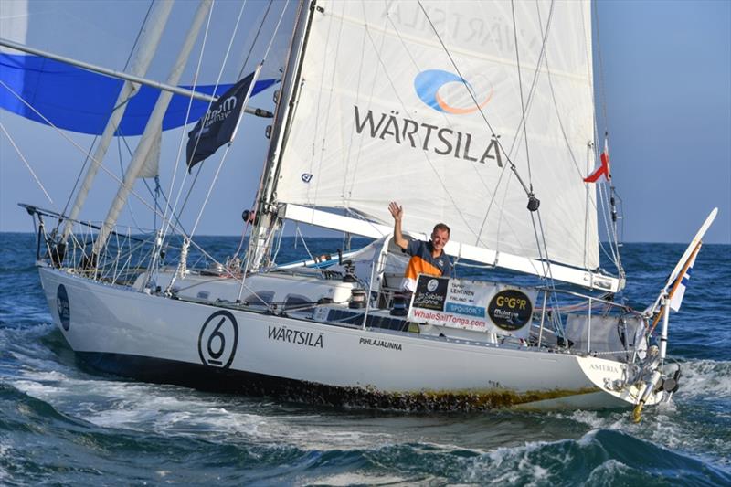 Tapio Lehtinen and his yacht Asteria, finishing off Les Sables d'Olonne yesterday photo copyright Christophe Favreau / PPL / GGR taken at  and featuring the Golden Globe Race class