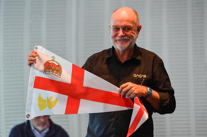 Race Chairman Don McIntyre presenting the Royal Nomuka YC flag photo copyright Christophe Favreau / PPL / GGR taken at  and featuring the Golden Globe Race class