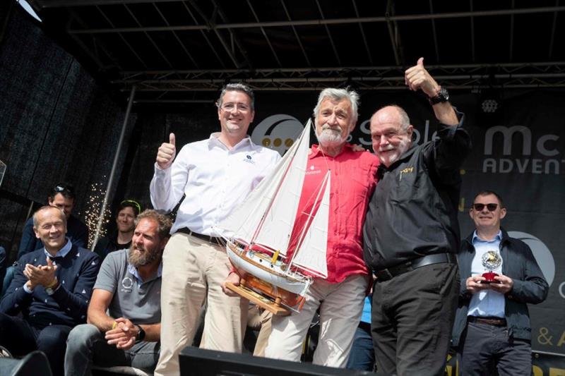 GGR2018 Prize Giving Stage! Left to Right: Yannick Moreau  ( mayor of Les sables d'Olonne ) , Jean Luc VDH (GGR 2018 Winner) and Don McIntyre (GGR Founder) photo copyright Christophe Favreau / GGR2018 taken at  and featuring the Golden Globe Race class