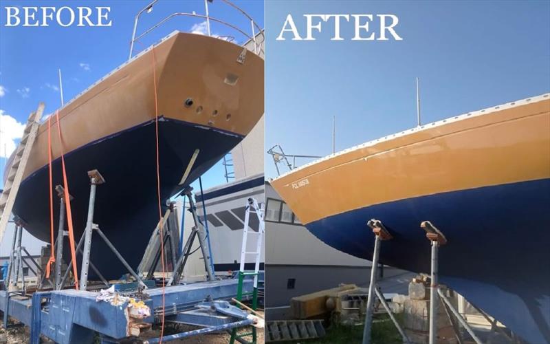 Aleix's boat Onsoro, went to the beauty saloon! This is the before and after of polishing photo copyright Venturi Projects / GGR2022 taken at  and featuring the Golden Globe Race class