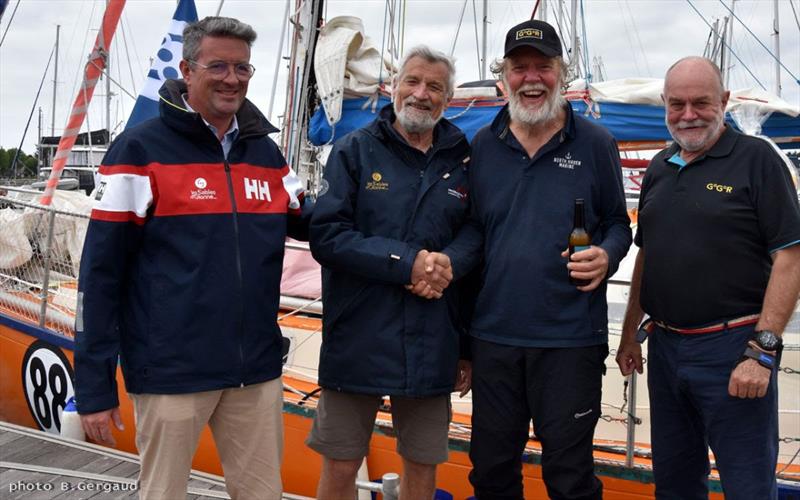 Left Right, Mayor of LSO Yannick Moreau, Winner of the 2018 Golden Globe Race Jean Luc Van den Heede, Mark, GGR Founder Don McIntyre photo copyright Bernard Gergaud taken at  and featuring the Golden Globe Race class