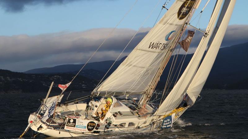 2018 Golden Globe Race: Finnish skipper Tapio Lehtinen and his Gaia 36 yacht ASTERIA arrival at the Boatshed.com Hobart Film gate in 6th place in the Golden Globe Race.  - photo © GGR