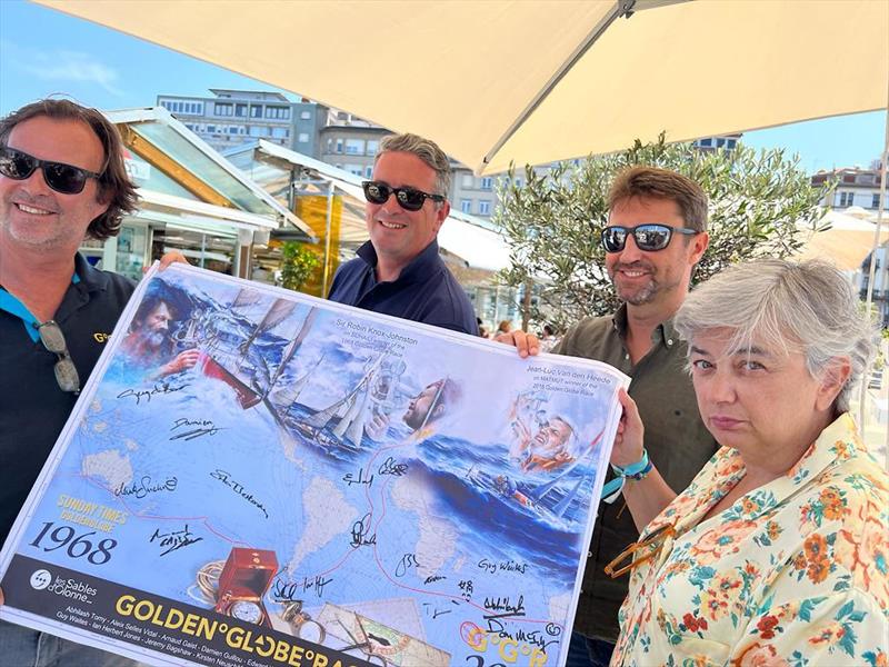 Sebastien DELASNERIE, Yannick Moreau, Enrique Fernández, Ana Gonzalez and 15 entrants signatures on the 2022 poster photo copyright GGR2022 / Aïda Valceanu taken at  and featuring the Golden Globe Race class