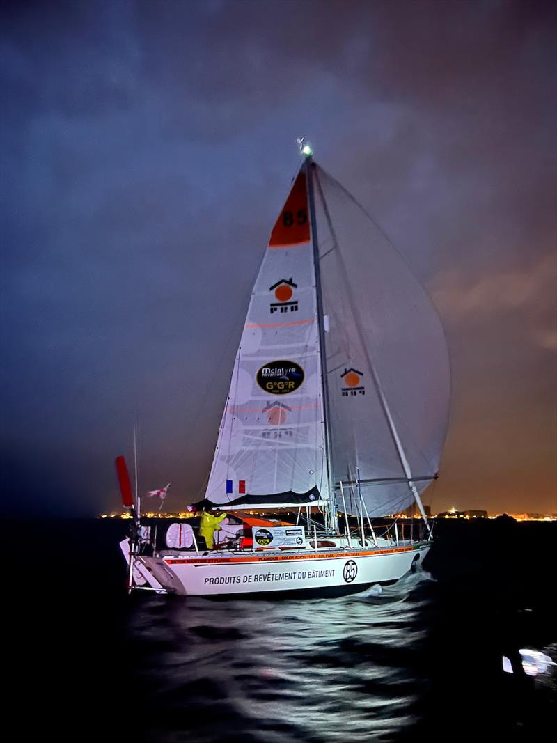 Damien Guillou (FR) with his Rustler 36 “PRB” crossing the finish line of the SITraN Challenge at 4:30 UTC, 18 of August 2022, Les Sable d'olonne photo copyright Aïda Valceanu taken at  and featuring the Golden Globe Race class