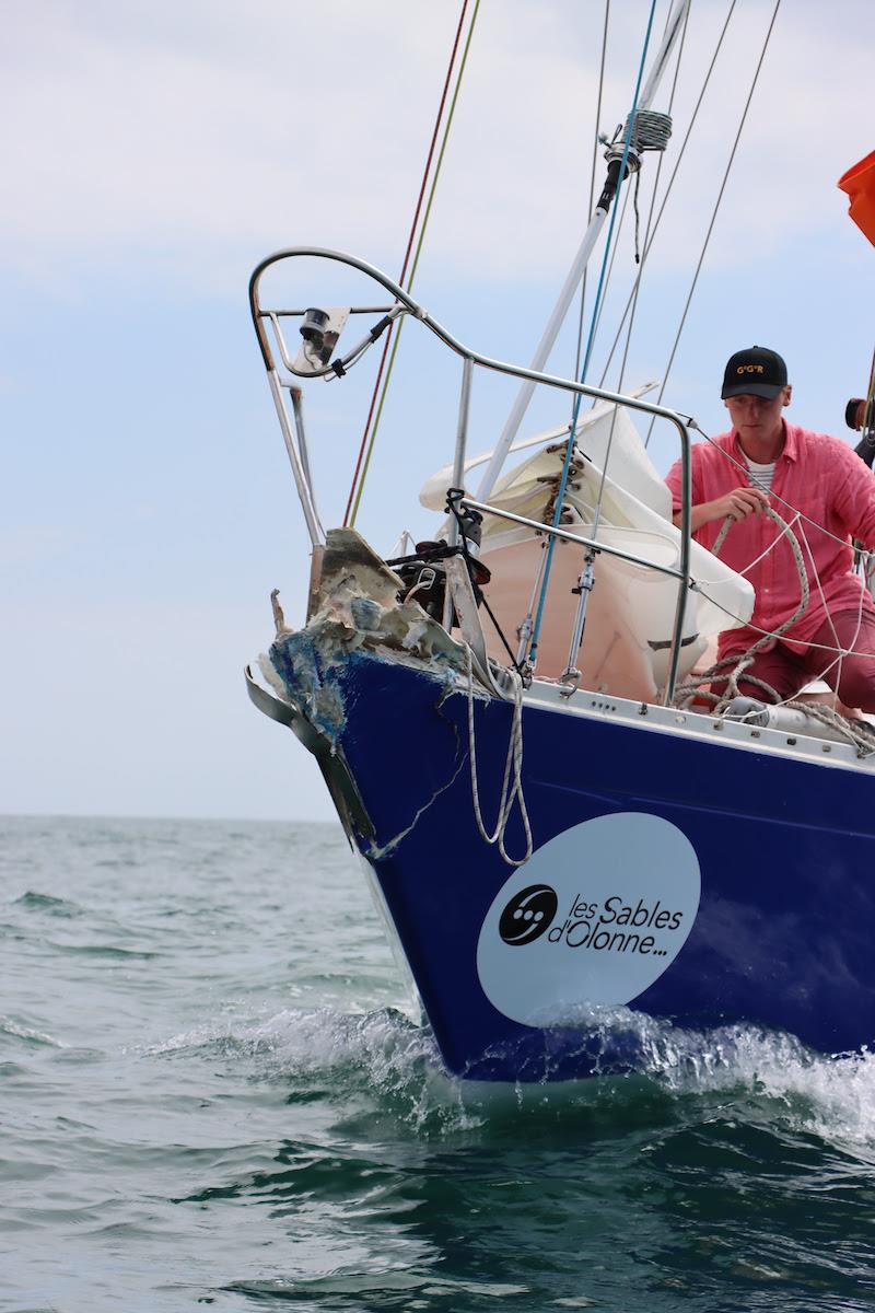 Bayanat's bow suffered damage in the collision and needs extensive composite work photo copyright GGR / Nora Havel taken at  and featuring the Golden Globe Race class