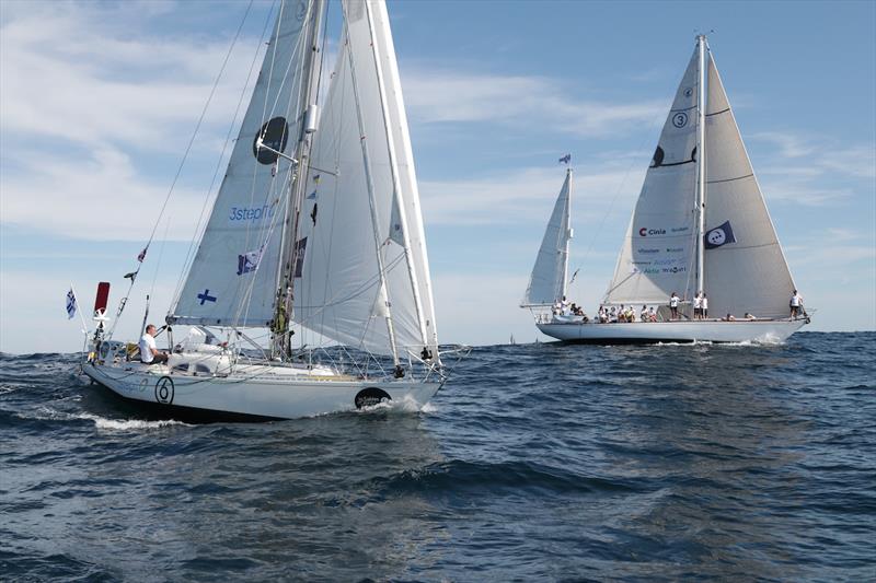 Tapio Lehtinen (Finland) 'Captain Barnacle` sailing ASTERIA away at the start. He has a point to prove having been last finisher in the 2018 edition after 322 days, the hull covered in Barnacles. He is in company with his 2023 OGR entry a Swan 55 Galiana photo copyright GGR2022 / Etienne Messikommer taken at  and featuring the Golden Globe Race class