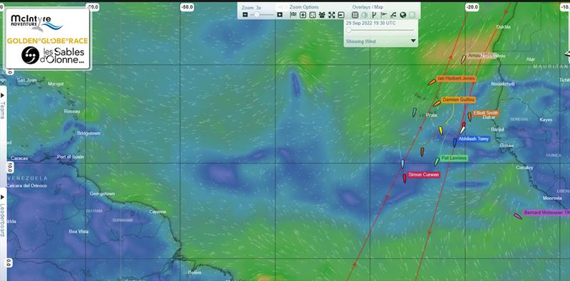 The Inter-Tropical Convergence Zone with light winds and squalls, or Doldrums are extending from 3°N to 10° N (deep Blue areas) .Leaders, Tapio Lehtinen and Pat Lawless are about to enter - photo © GGR2022