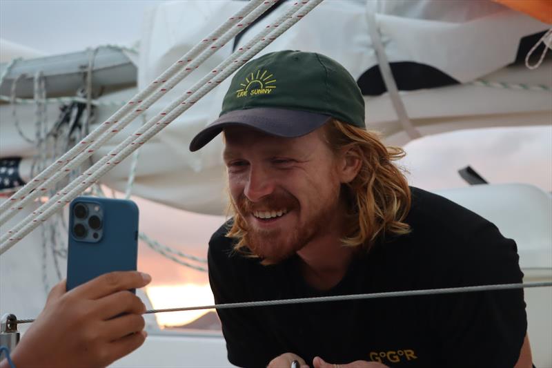 Elliott Smith moored in Lanzarote and took time to Facetime his close ones. More are planning the same in Cape Town, should the weather allow photo copyright Nora Havel / GGR2022 taken at  and featuring the Golden Globe Race class