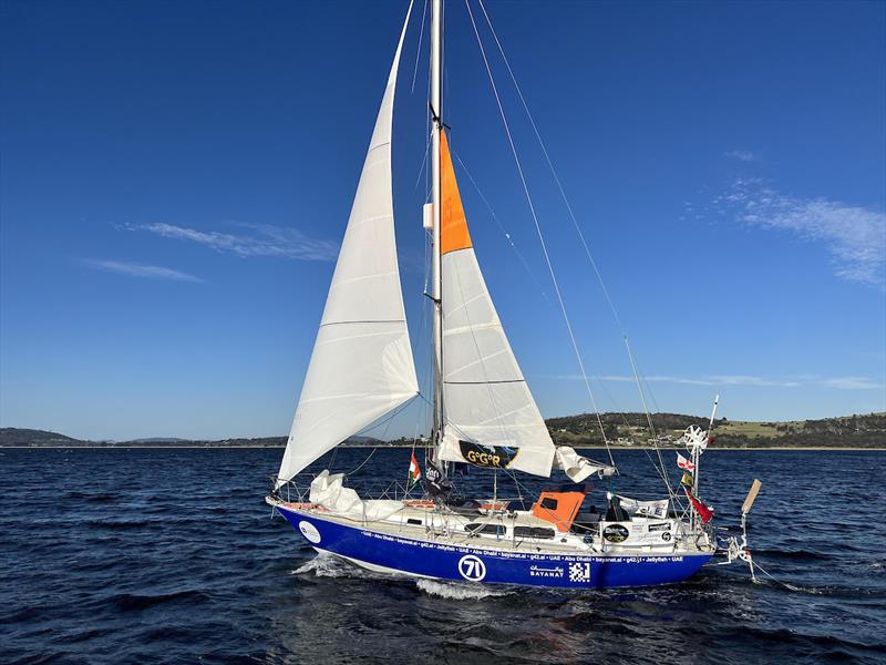 Abhilash Tomy (India) onboard his Rustler 36 ” BAYANAT”, arrived Hobart Gate a few hours before Sydney Hobart Yacht Race first arrival photo copyright GGR2022 / Don & Jane taken at  and featuring the Golden Globe Race class