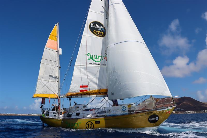 Skipper Michael Guggenberger at the waypoint in Lanzarote. Michael Guggenberger is now closer to the fleet leaders than the mid-fleet group, matching Simon's speed regularly! photo copyright Nora Havel / GGR2022 taken at  and featuring the Golden Globe Race class