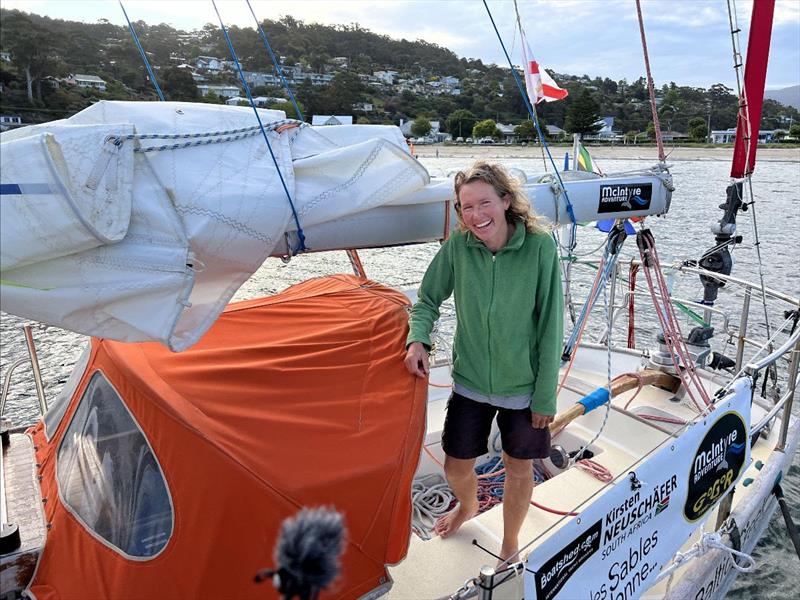 Kirsten Neuschäfer talks with organizers while at the Hobart, Tasmania, `film gate.` photo copyright GGR2022 taken at  and featuring the Golden Globe Race class