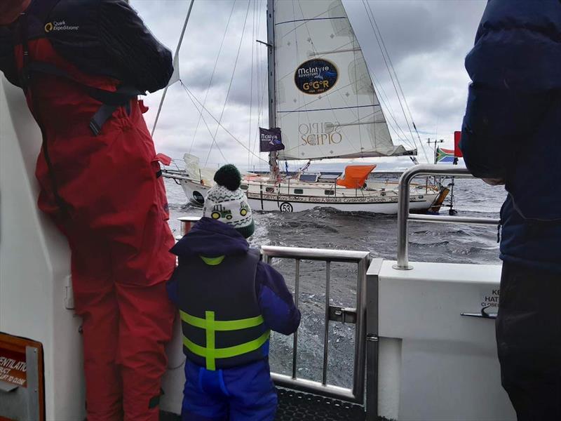 Kirsten's tiniest Falkland Islands' fan came out to say hello and cheer her on from the boat! - photo © Dion Robertson