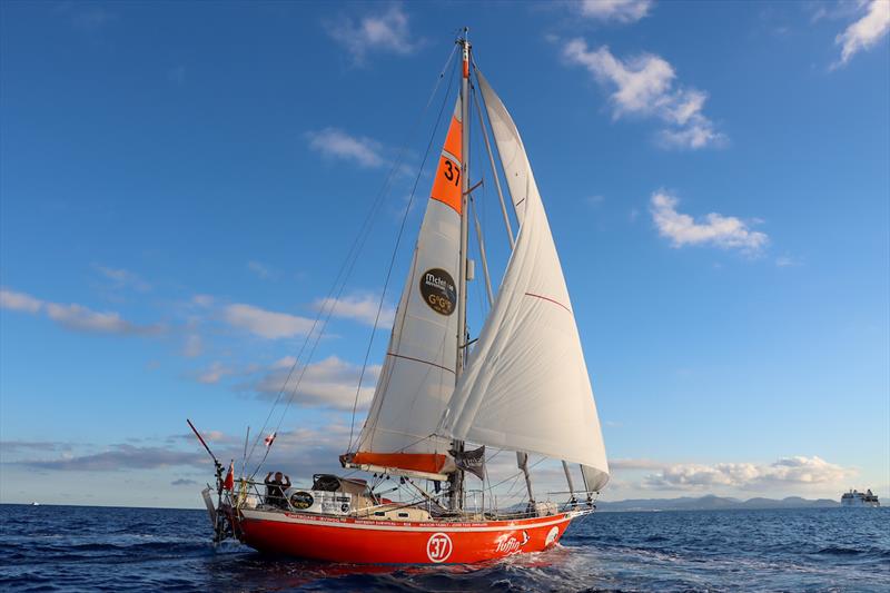 Skipper Ian Herbert-Jones at the photogate in Lanzarote, arriving in 12th position - photo © Nora Havel