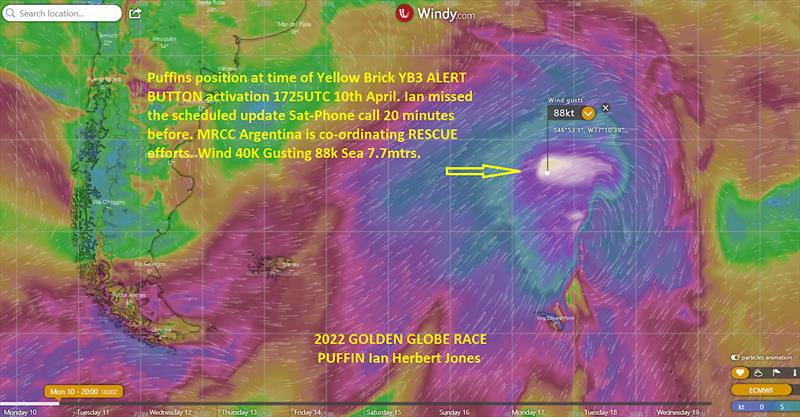 Location of 35ft GGR competitor, `Puffin` at time of dismasting incident - photo © Golden Globe Race