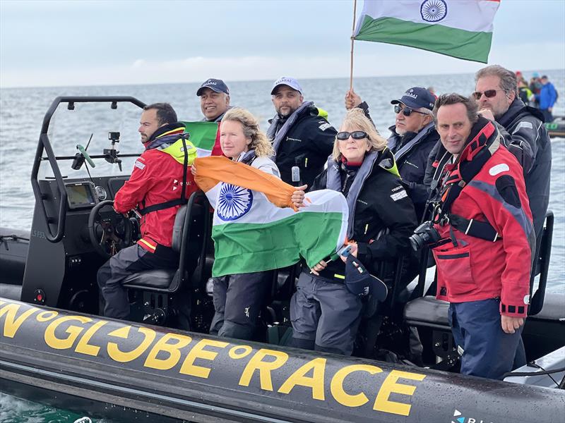 Abhilash's support team and Kirsten also came out to cheer as Abhilash Tomy finishes the Golden Globe Race 2022 - photo © GGR2022 / D&JJ