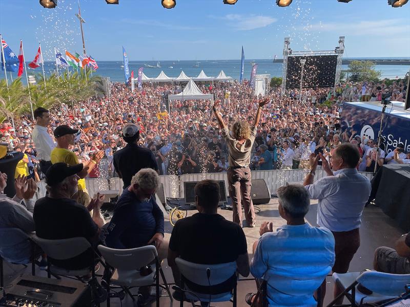 South African yachtswoman Kirsten Neuschäfer, winner of the 2022/3 Golden Globe Race, is greeted by the crowds when taking to the stage to collect her trophies photo copyright Barry Pickthall / GGR / PPL taken at  and featuring the Golden Globe Race class