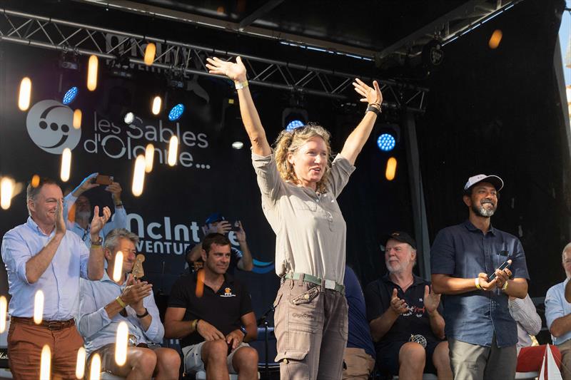 South African yachtswoman Kirsten Neuschäfer, winner of the 2022/3 Golden Globe Race, is greeted by the crowds when taking to the stage to collect her trophies - photo © Tim Bishop / GGR / PPL