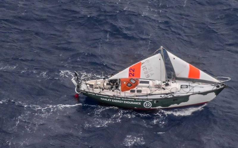 Storms in the 2018 McIntyre GGR wreaked havoc on the fleet, with four boats lost and five dismastings. Gregor McGuckin sailing “Hanley Energy Endurance” under jury rig attempting to reach Abhilash Tomy injured on his yacht and unable to move - photo © JRCC Australia