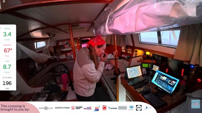 Mara has live-streamed 24/7 during her transatlantic adventures, but that required computers, iPads, iPhones and other equipment, all banned in GGR. Here, she tests her SSB HF radio while her chart table is temporarily taken over by live transmission gear photo copyright Mara Kveseth taken at  and featuring the Golden Globe Race class