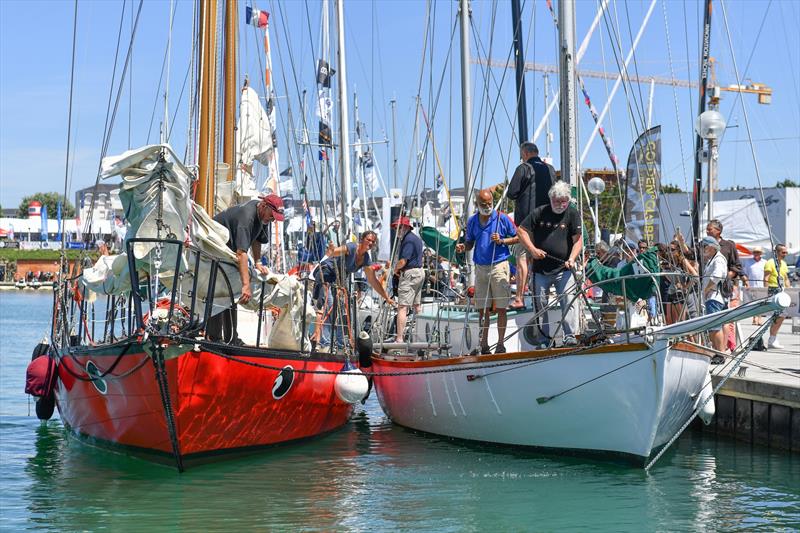 Joshua (red) and Suhaili side by side for the first time in 2018 the GGR Village. This year, Joshua is already back in Les Sables-d'Olonne, but persistent headwinds prevented Suhaili. Sir Robin will still join final countdown after continuing by road photo copyright GGR 2018 / Christophe Favreau taken at  and featuring the Golden Globe Race class