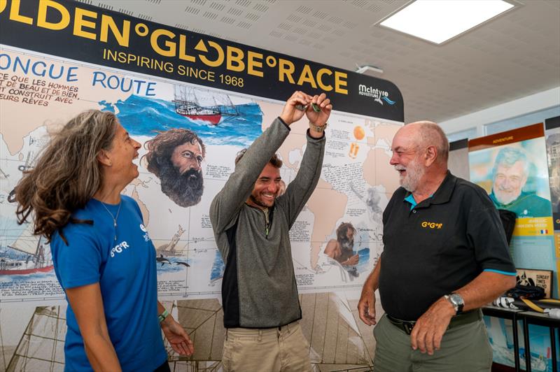 A very special moment for Israeli skipper Daniel Pinsky as he becomes the first GGR 2026 entrant to receive his official Green Card, confirming that he is cleared to start. Behind him is an image of his sailing hero, Bernard Moitessier photo copyright Rob Havill / GGR2026 taken at  and featuring the Golden Globe Race class