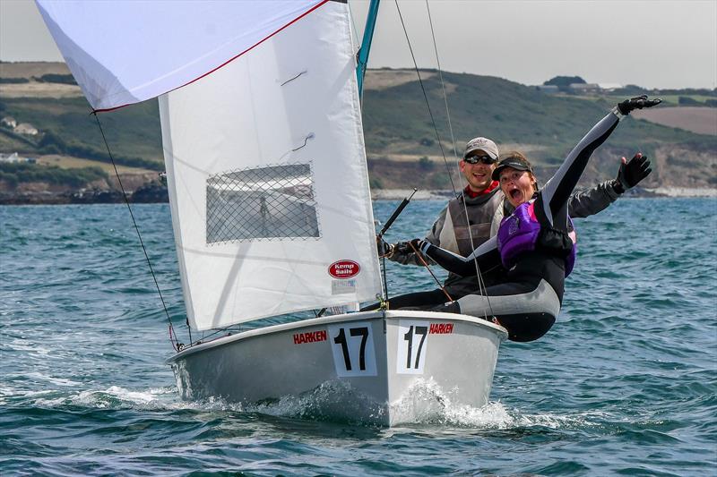 Monkey and Sarah celebrating a second place in Race 6 during the Gul GP14 Worlds at Mount's Bay photo copyright Lee Whitehead / www.photolounge.co.uk taken at  and featuring the GP14 class