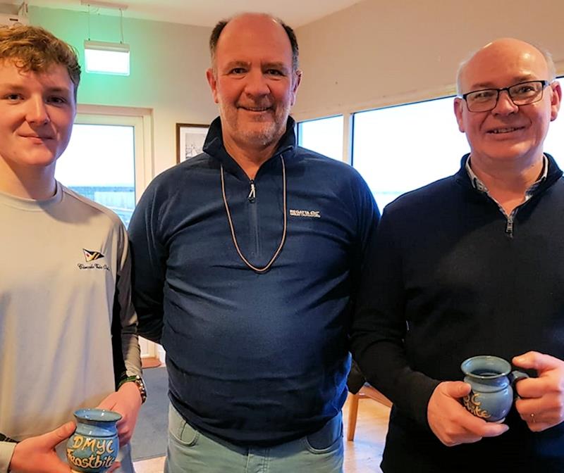 Peter and Stephen Boyle (GP14) pick up their Frostbite Mugs from Race Officer Cormac Bradley photo copyright Frank Miller taken at Dun Laoghaire Motor Yacht Club and featuring the GP14 class