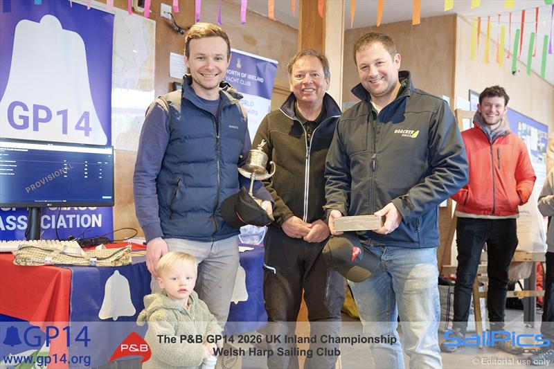 The winners showing off their silver cigarette box and the WSHC Venetian Trophy, with Mark Greenstreet, Rear-Commodore WHSC, at the P&B GP14 2026 UK Inland Championship - photo © Richard Craig / www.SailPics.co.uk
